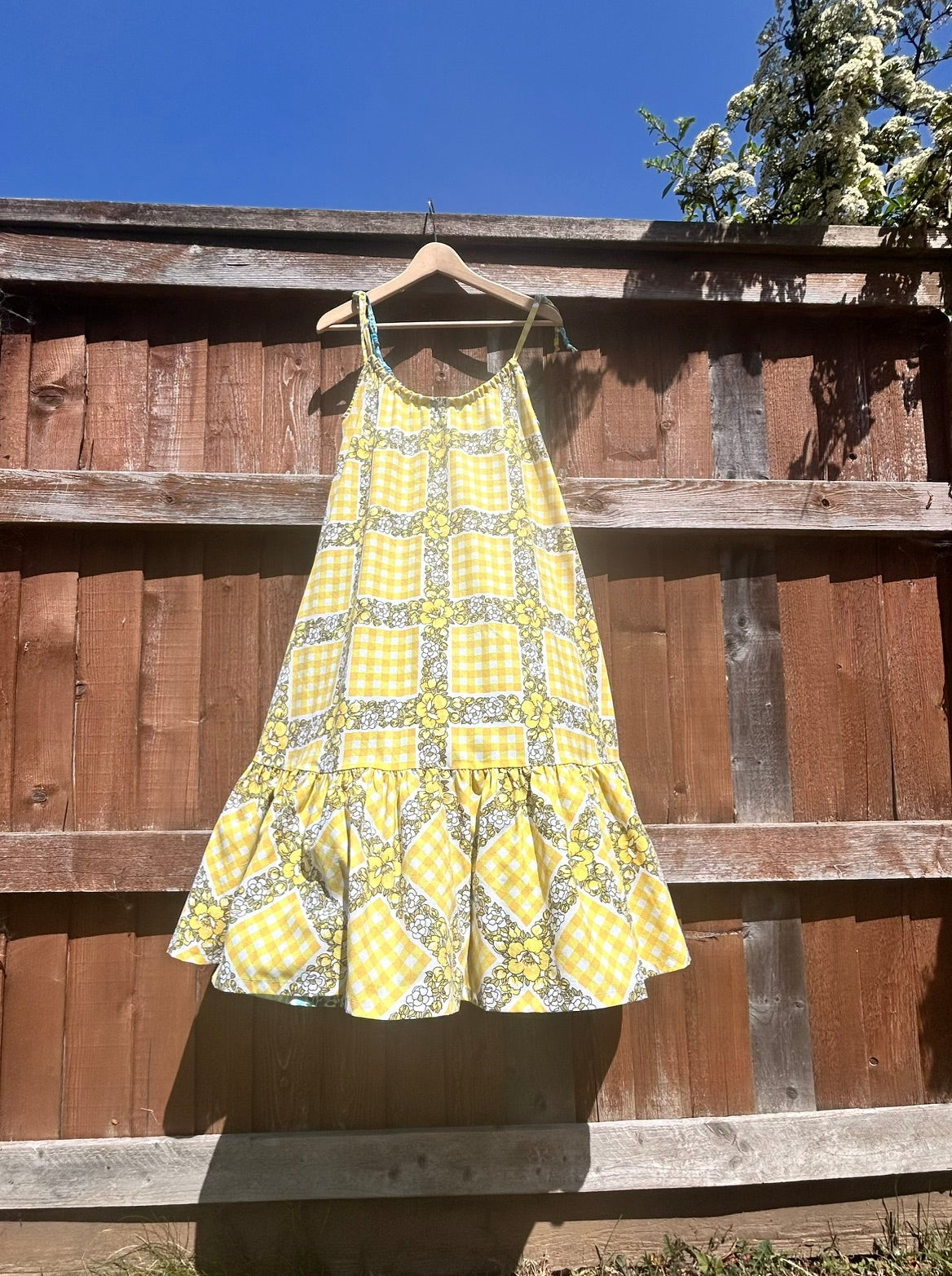 The DONNA Dress - blue/yellow vintage fabric mix SIZE 10/12
