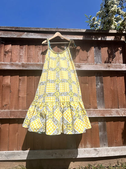 The DONNA Dress - blue/yellow vintage fabric mix SIZE 10/12