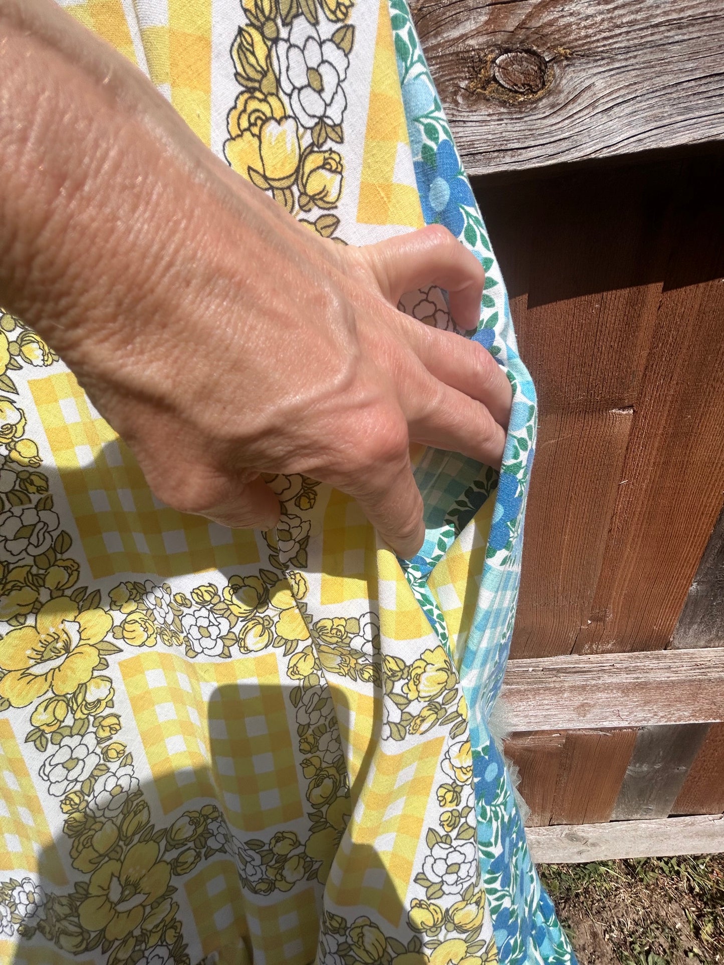 The DONNA Dress - blue/yellow vintage fabric mix SIZE 10/12