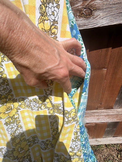 The DONNA Dress - blue/yellow vintage fabric mix SIZE 10/12